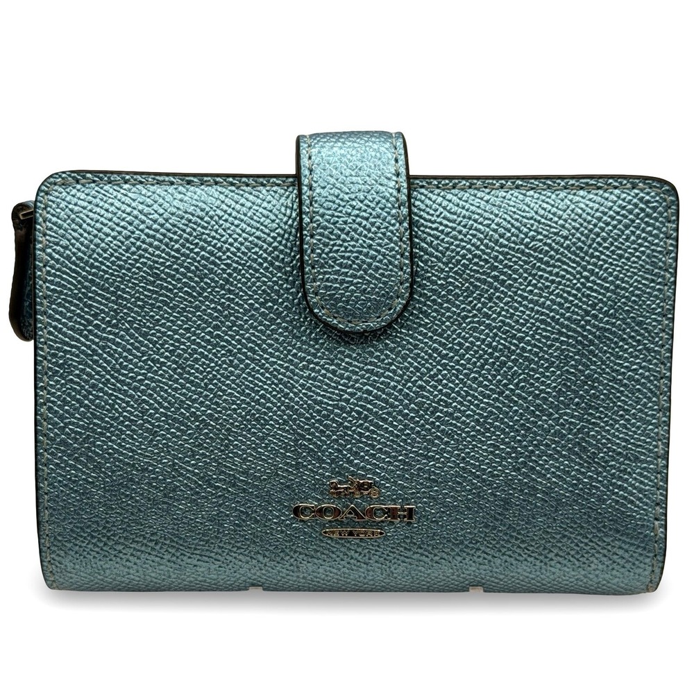 Coach Medium Corner Zip Wallet Metallic Blue Crossgrain Leather Bifold Snap Tab
